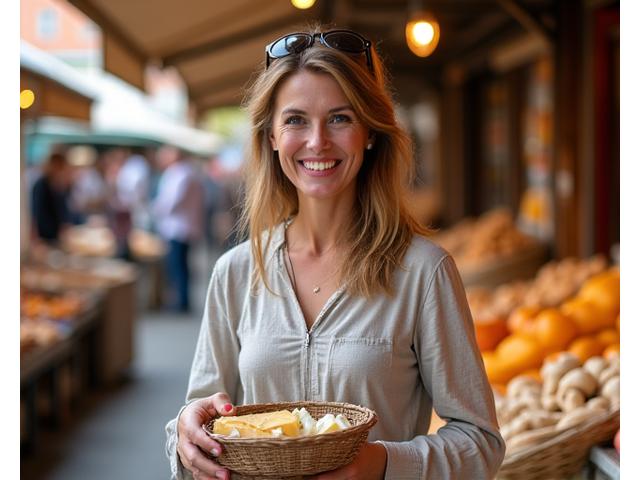 Photo de la fondatrice de Terroir & Co. souriante dans un marché local français, entourée de produits frais.