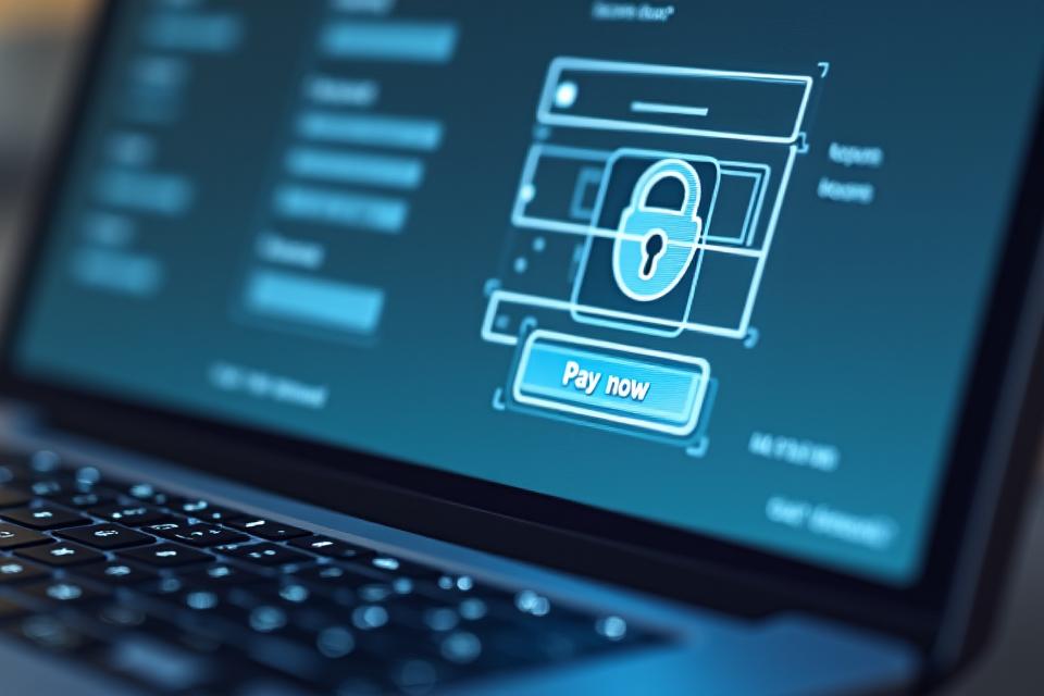 Interface de paiement sécurisée avec icônes de cadenas et carte bancaire.